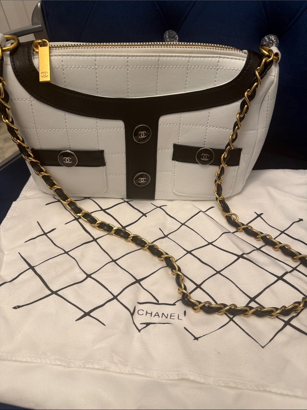Chanel Style Coco Quilted Mademoiselle White and Black soft Leather Shoulder Bag